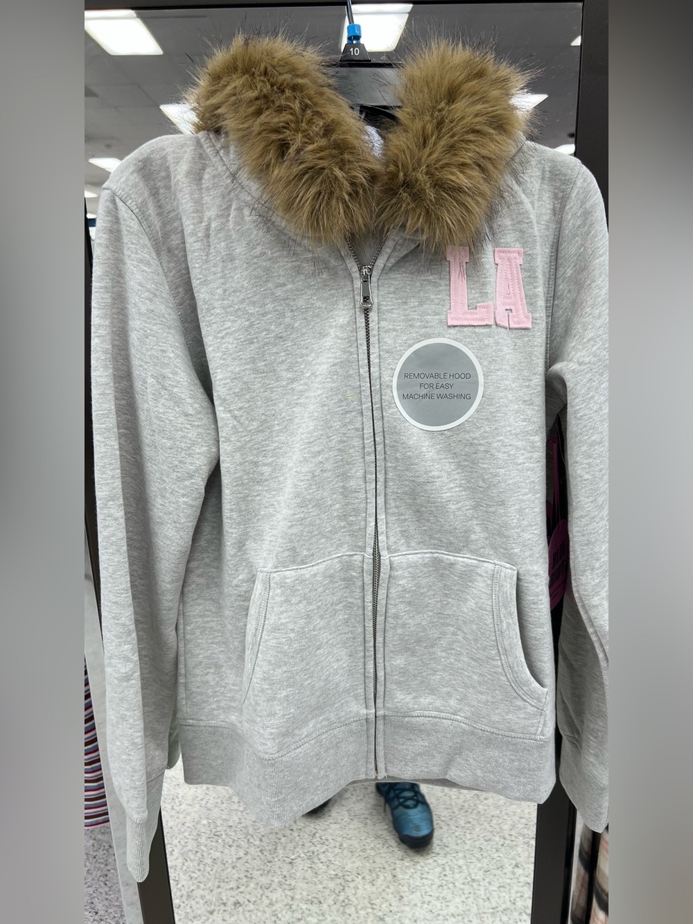 Grey Zip-Up Hoodie with Faux-Fur Hood and Pink LA Patch